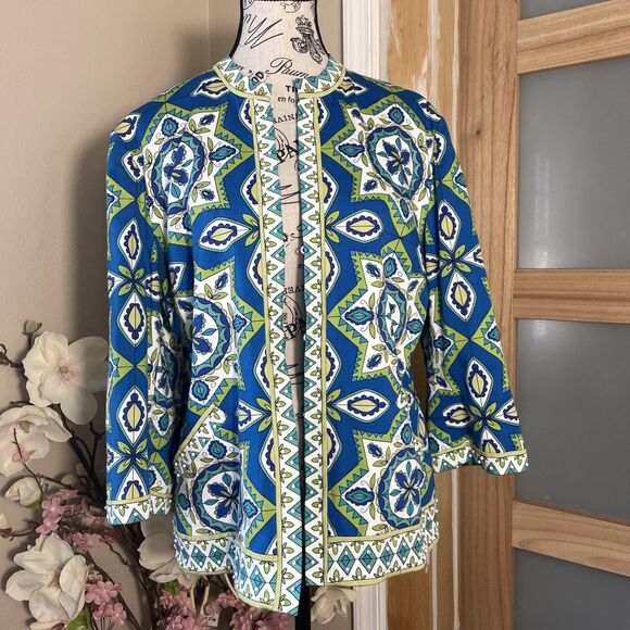 Chico's Jackets & Blazers - Chico's open front artsy colorful blazer size "2" blue 3/4 sleeve